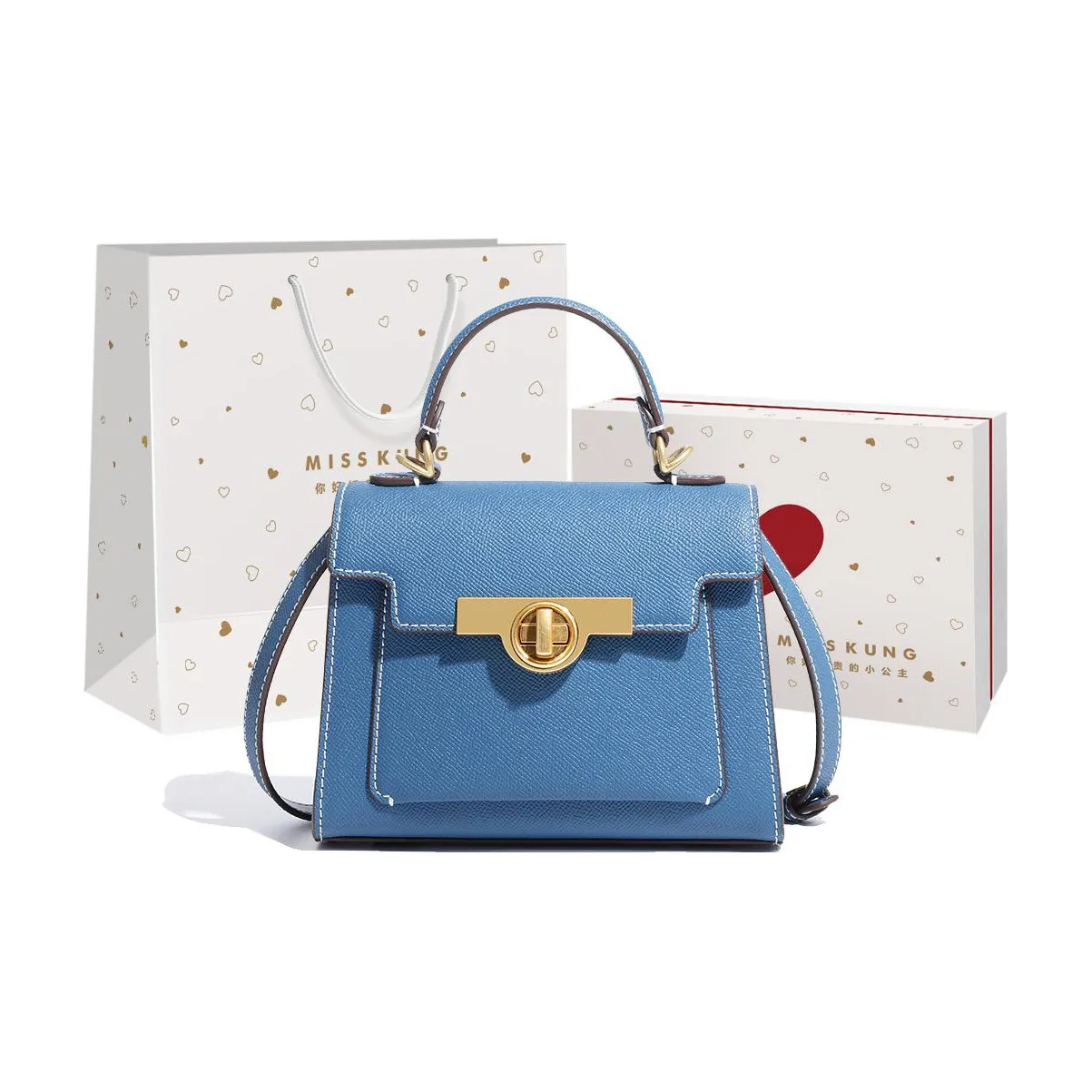 Miss Kung Коровья кожа Портативный Через плечо Сумка Kelly Средняя Женская Синяя