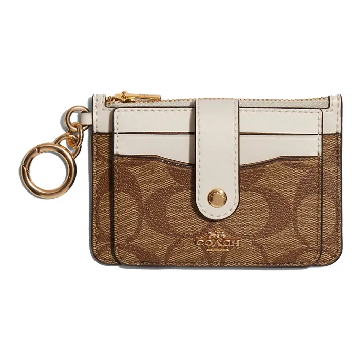 COACH Card Case Холщовая кожа Держатель для карт Мини Женский Хаки с монограммой и Белый