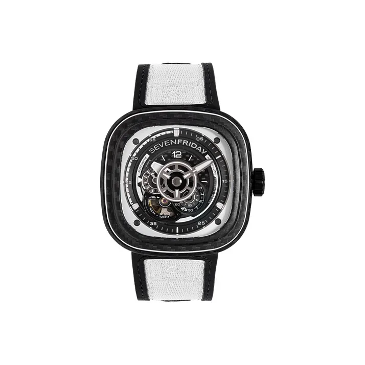 SEVENFRIDAY P Series Automatic Mechanical Movement Unisex Watch Black Dial Stainless Steel Case Cow Leather Strap