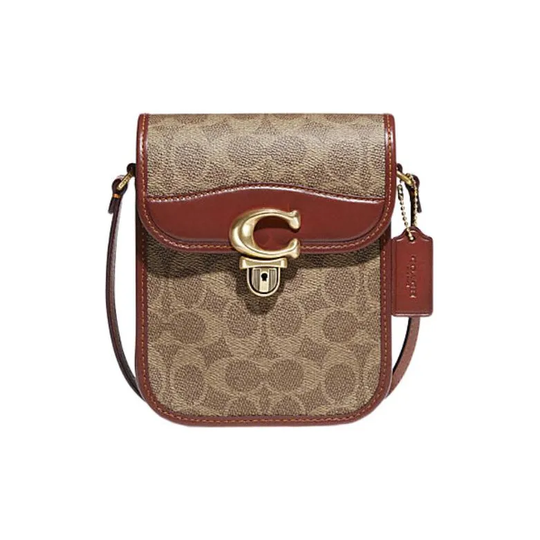 COACH Studio Coated Canvas With Calfskin Shoulder Bag, Crossbody Bag Mini Women's Khaki & Brown & Red