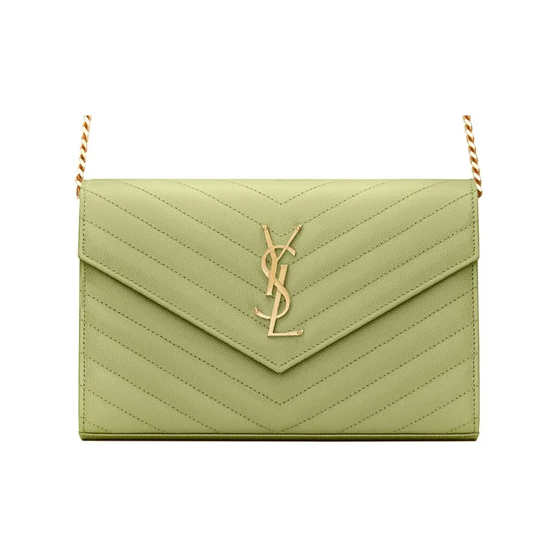 SAINT LAURENT Embossed Leather Wallets Shoulder Bag Crossbody Bag Women's Light Green