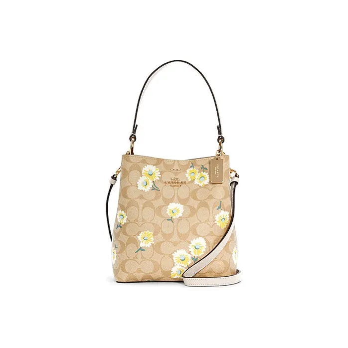 COACH Town Canvas With Leather Bucket Bag, Handbag, Shoulder Bag, Crossbody Bag Trumpets Women's Light Khaki Monogram