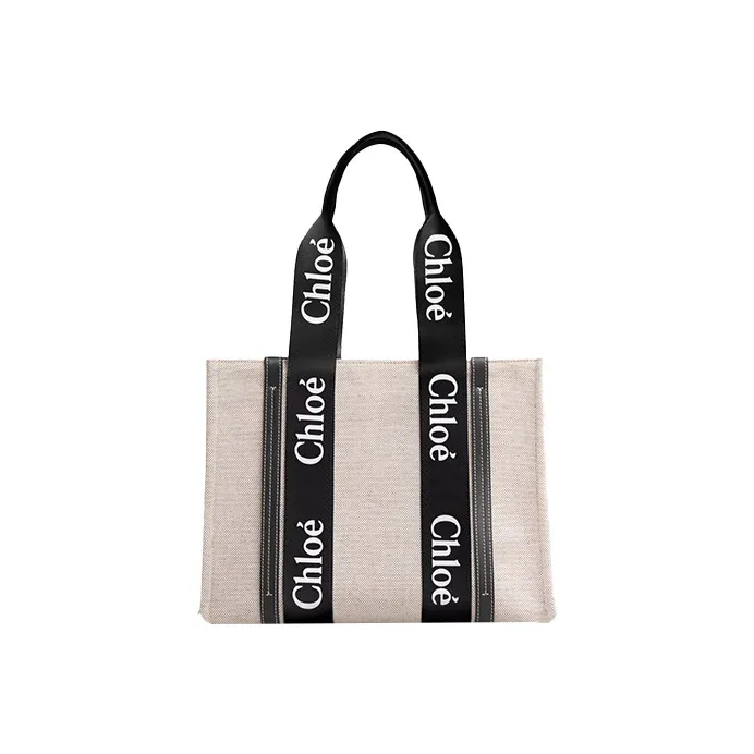 Chloe Woody Canvas Bag, Tote Bag, Shopping Bag, Shoulder Bag, Handbag Medium Size Women's Beige/Black
