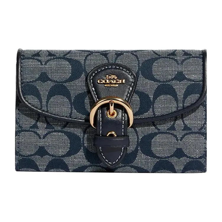 coach whipstitched Linen Blend With Leather Clutch Coin Purse Mini Women's Denim Blue