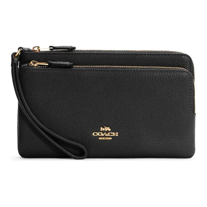 COACH Double Zip Wallet Cow Leather Clutch Card Holder Wallet Medium Size Women's Black