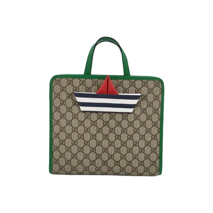 GUCCI Canvas With Leather Tote Bag, Shopping Bag, Handbag Kids' Ebony & Green & Multicolor