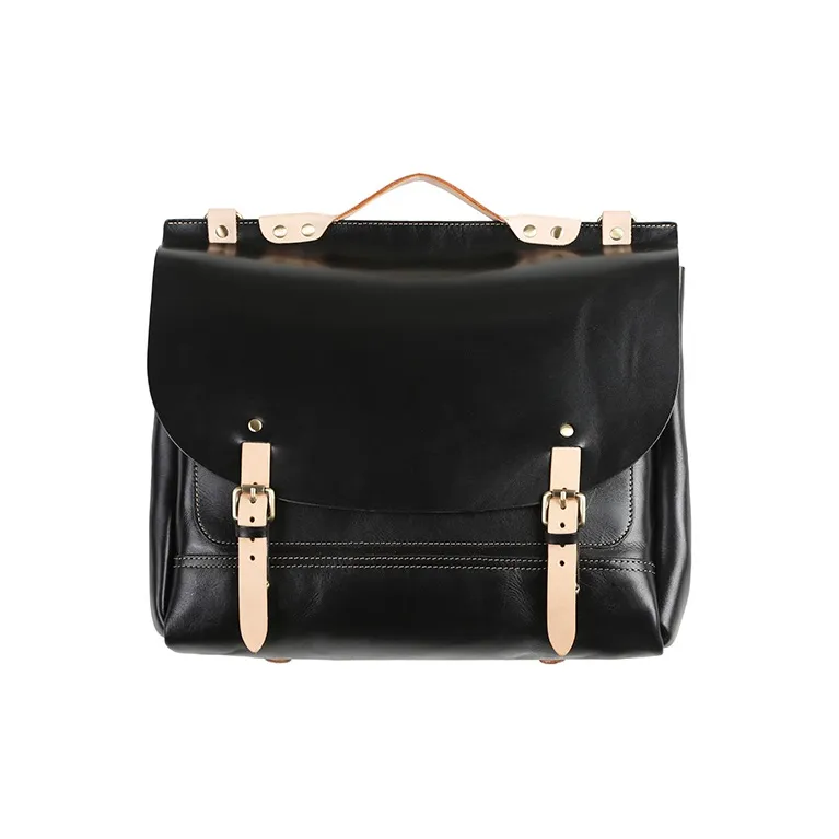 LINE ARTISANAL Vegetable Tanned Cow Leather Briefcase Satchel Bag Messenger Bag Portable Backpack Unisex Black