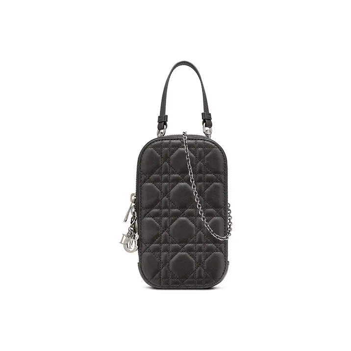 DIOR Lady Dior Sheepskin Cell Phone Pocket, One Shoulder Crossbody Portable Cell Phone Pouch Women's Black