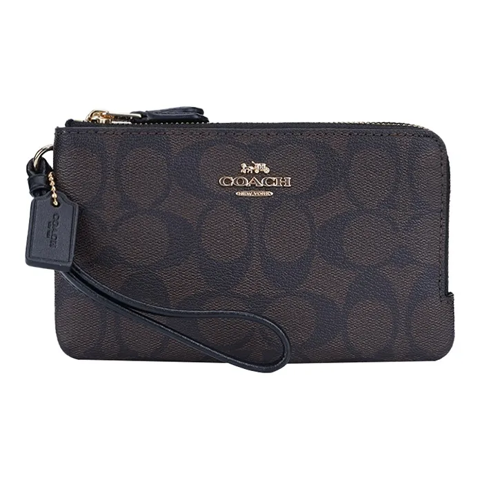 COACH Corner Zip Monogram Canvas With Leather Pochette Wrist Bag Clutch Mini Women's Black Brown