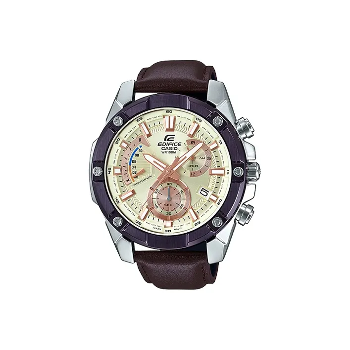 CASIO EDIFICE Collection Кварцевый механизм Естественная кожа Ремешок Часы Мужские Золотистый циферблат EFR 559BL 7AV