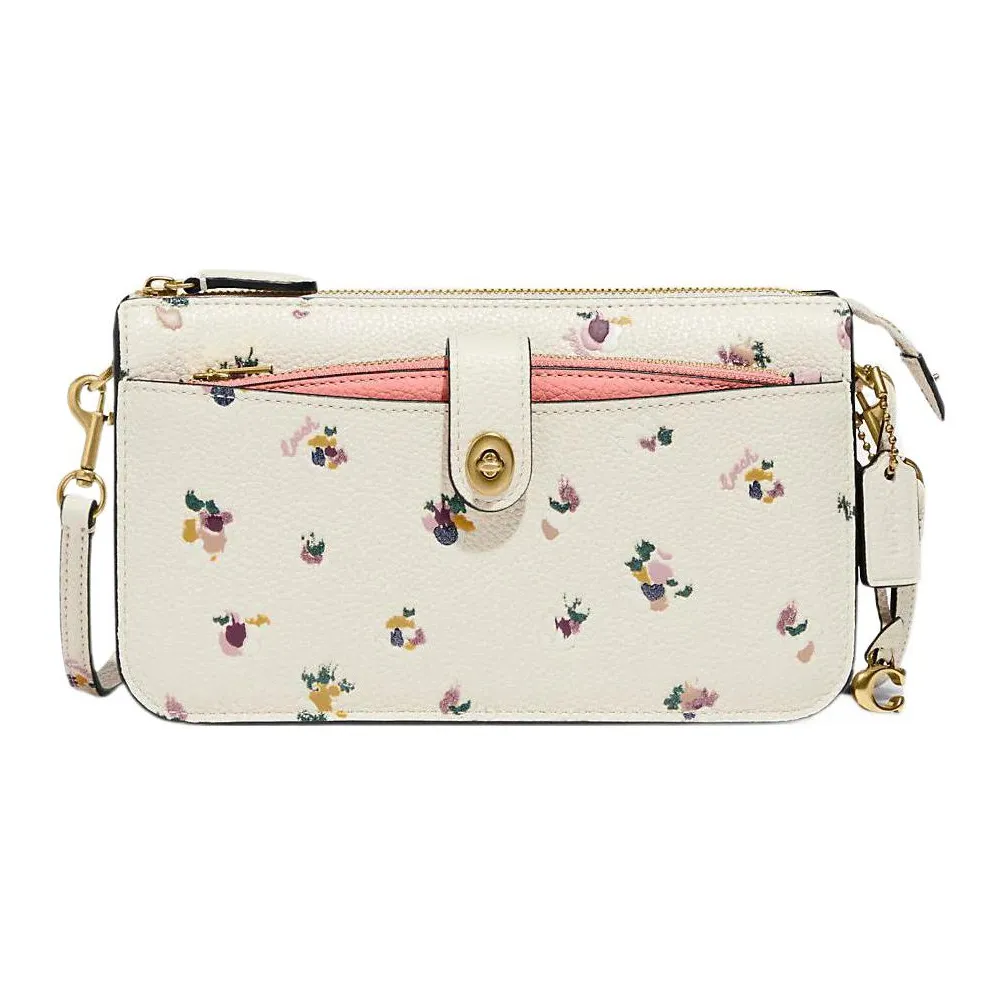 COACH Polished Pebble Leather Clutch, Shoulder Bag, Crossbody Bag Trumpets Women's Chalk White/Pink