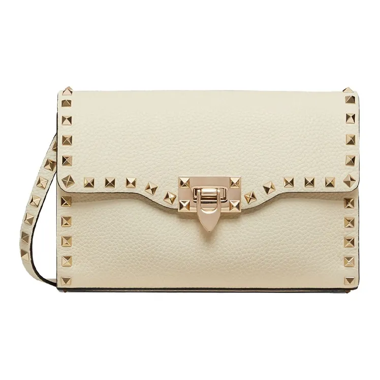 Valentino Rockstud Grain Calfskin Shoulder Bag, Crossbody Bag Trumpets Women's Light Ivory