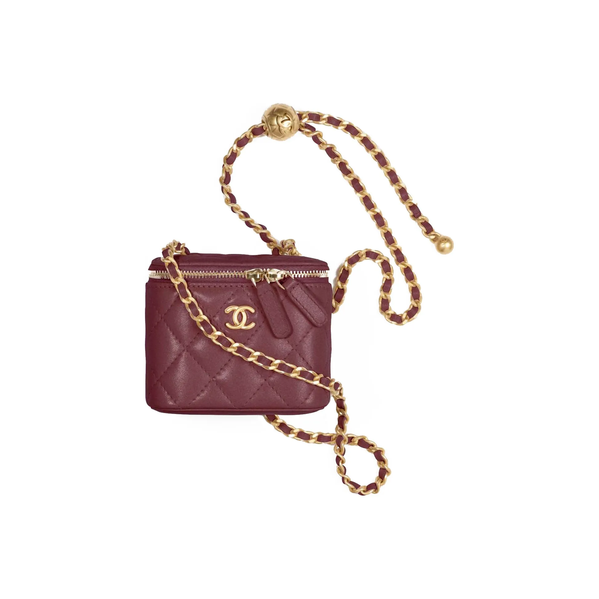 CHANEL 21B Fall Sheepskin Box Bag, Shoulder Bag, Makeup Bag, Crossbody Bag Trumpets Women's Dark Burgundy
