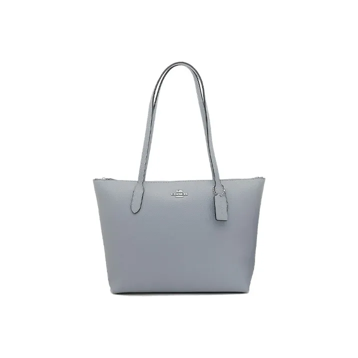 COACH Zip Top Tote Leather Tote Bag, Shopping Bag, Handbag, Shoulder Bag Women's Haze Blue Solid Color Morandi Color