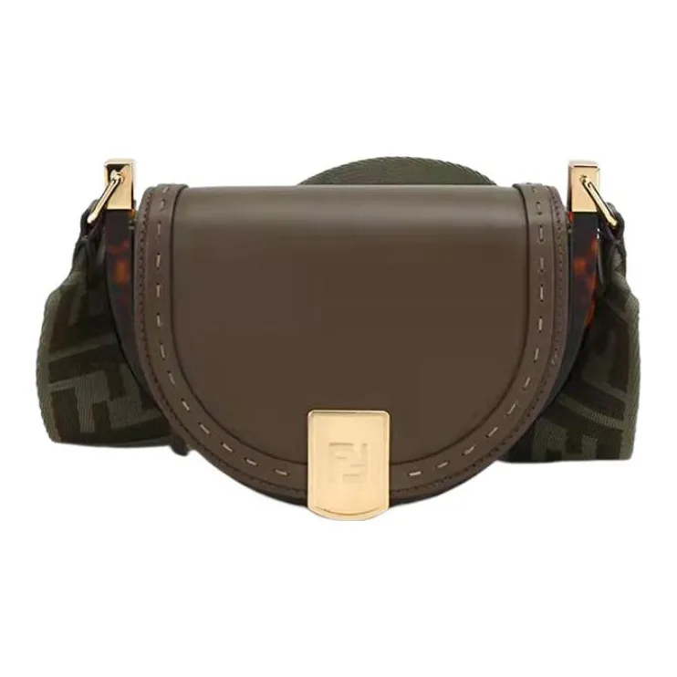 FENDI Leather Crescent Bag, Saddle Bag, Shoulder Bag, Crossbody Bag Women's Dark Green