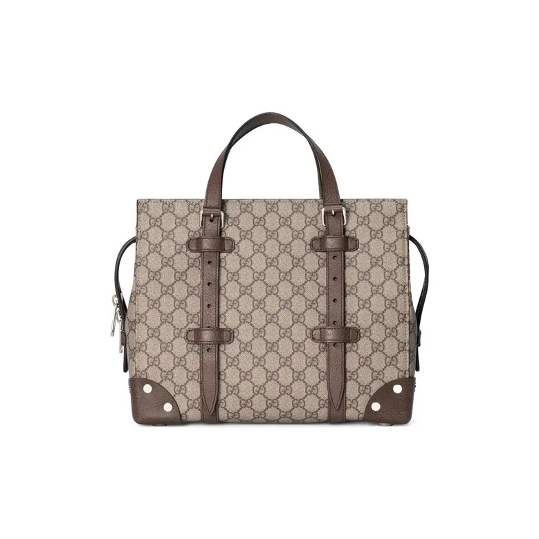 GUCCI Canvas With Leather Tote Bag, Shopping Bag, Handbag Medium Size Unisex Ebony & Brown