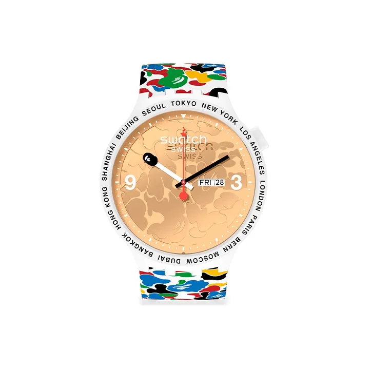 SWATCH BAPE Collaboration Кварцевый механизм Унисекс Часы 47 мм Белый циферблат Пластиковый корпус Часы Силиконовый ремешок