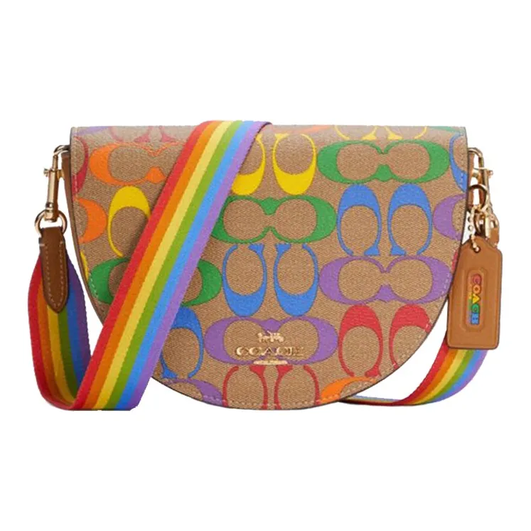 COACH Ellen Canvas Leather Saddle Bag, Crossbody Bag, Shoulder Bag Trumpets Women's Khaki