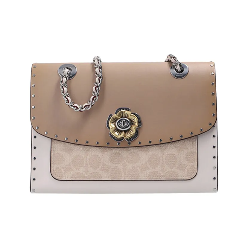 COACH Parker Coated Canvas With Leather Chain Bag, Shoulder Bag, Crossbody Bag Medium Size Women's Khaki/Gray White