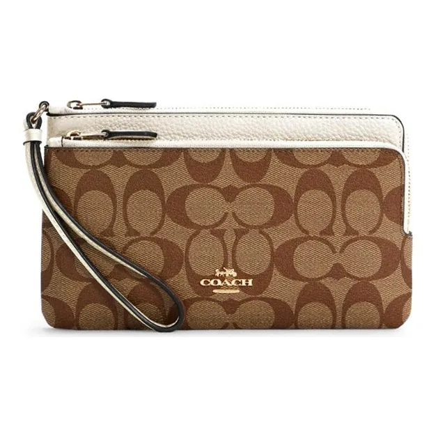 COACH Double Zip Wallet Leather Card Holder, Clutch Wallet Medium Size Women's Saddles Brown Monogram & White