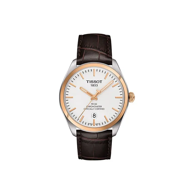 TISSOT PR100 Collection Кварцевый механизм Мужские часы Часы 39 мм Белый циферблат Корпус из нержавеющей стали Кожаный ремешок