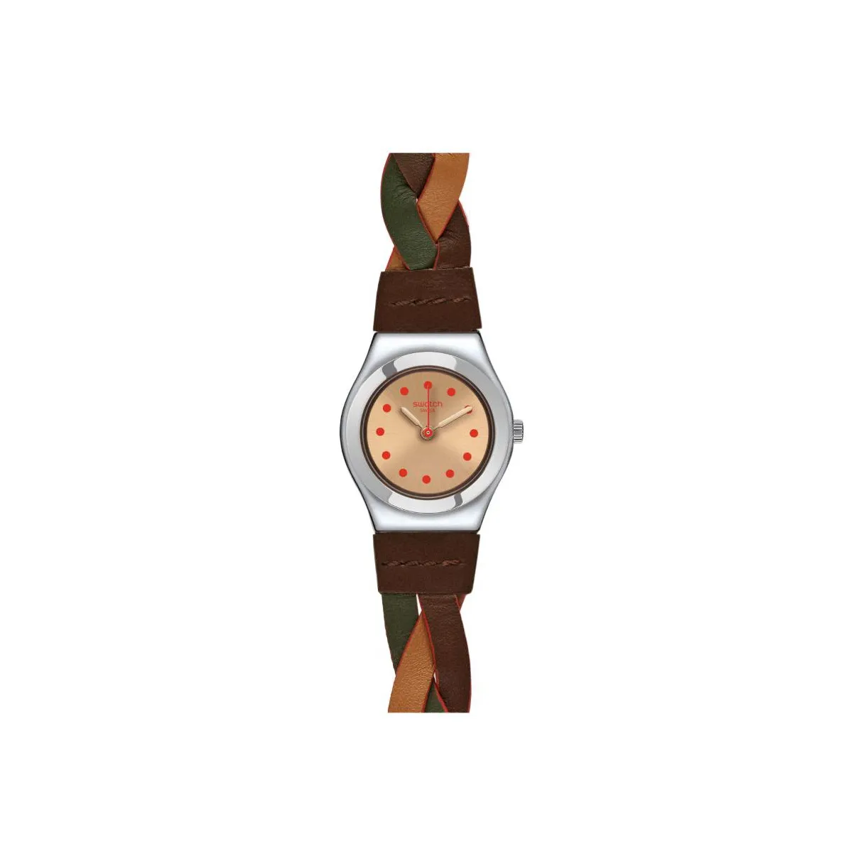 Swatch Quartz Механизм Женские часы 25 мм Кофейный циферблат Часы Корпус из нержавеющей стали Ремешок из натуральной кожи