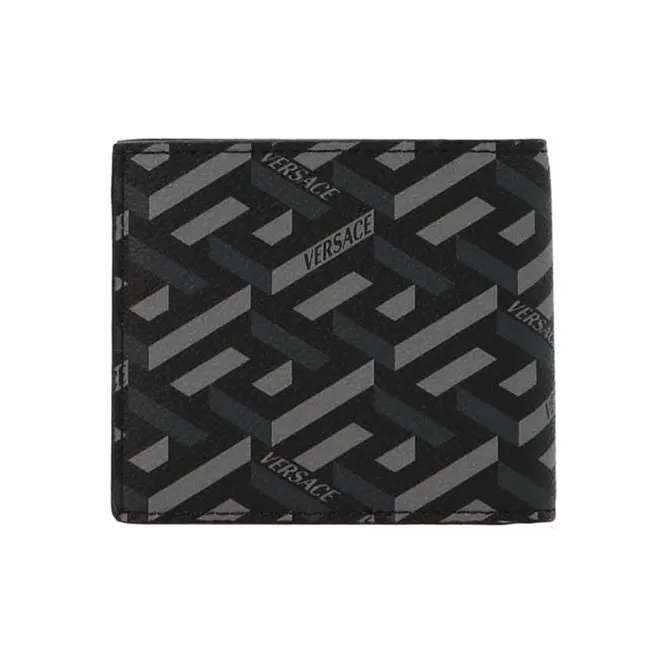 VERSACE Leather Leather Clip Card Holder Wallet Men's Black Gray Color