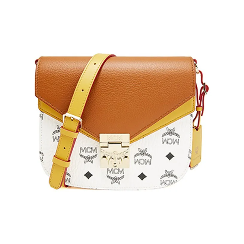 MCM Patricia Visetos Cow Leather One Shoulder Handbags Women's White Brown