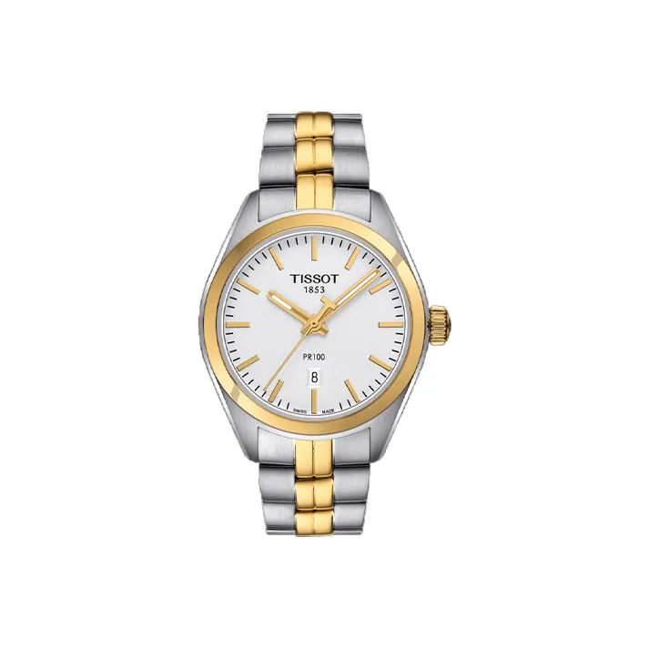 TISSOT PR100 Collection Кварцевый механизм Женские часы 33 мм Белый циферблат Корпус из нержавеющей стали Ремешок из нержавеющей стали