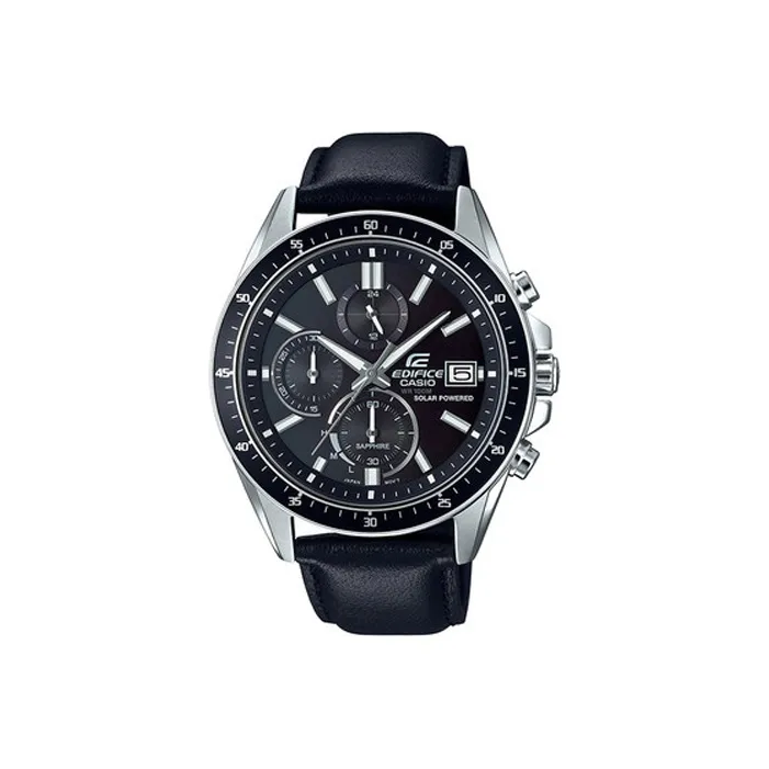 CASIO EDIFICE Collection Солнечный кварцевый механизм Кожаный ремешок Часы Мужские Черный циферблат
