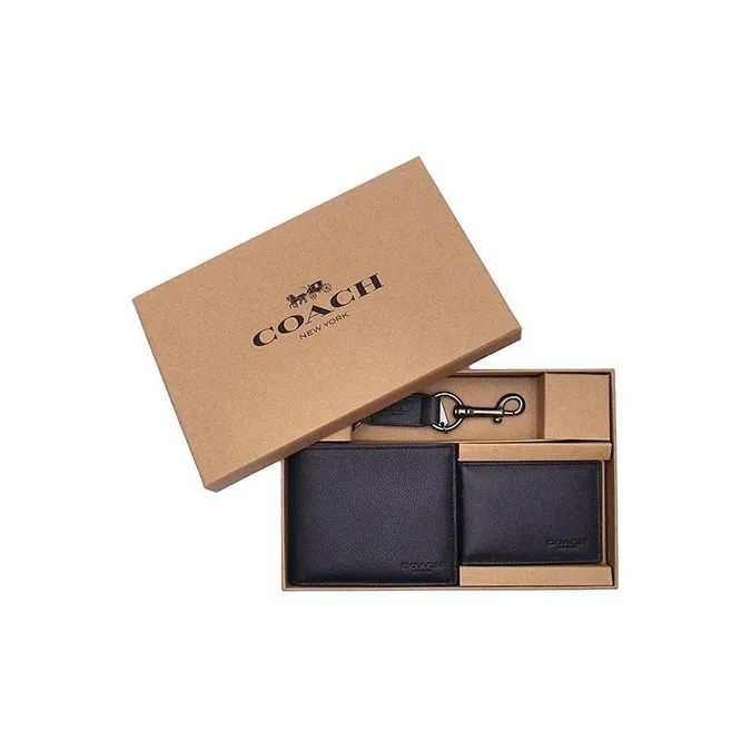 COACH Compact Calfskin Card Holder Wallet Men's Black