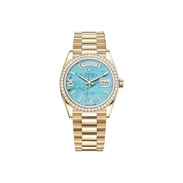 ROLEX Week type Calendar Automatic Mechanical Movement Women's Watch 36mm Blue Dial Gold Watch Case Gold Strap