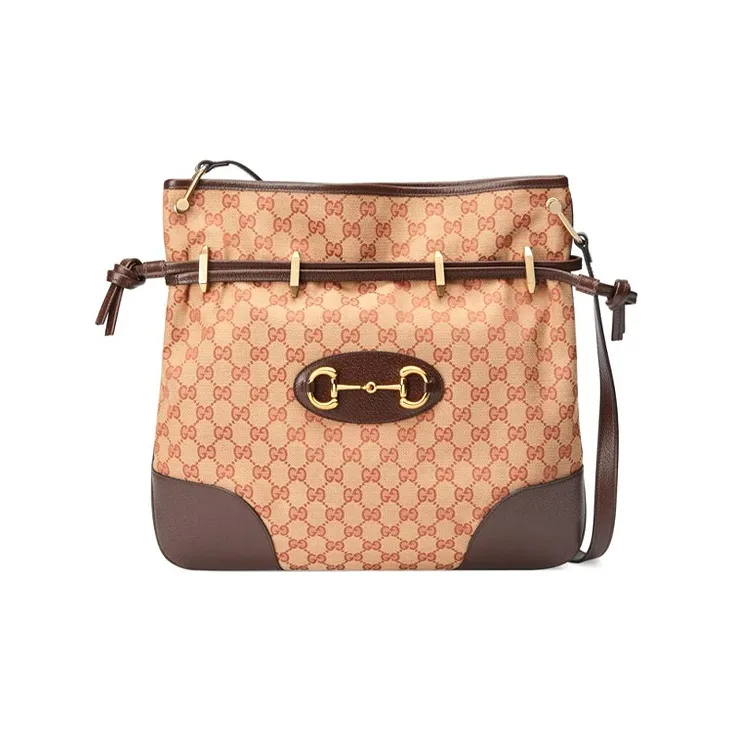 GUCCI Canvas With Leather Messenger Bag, Shoulder Bag, Crossbody Bag Women's Brown & Red & Gold