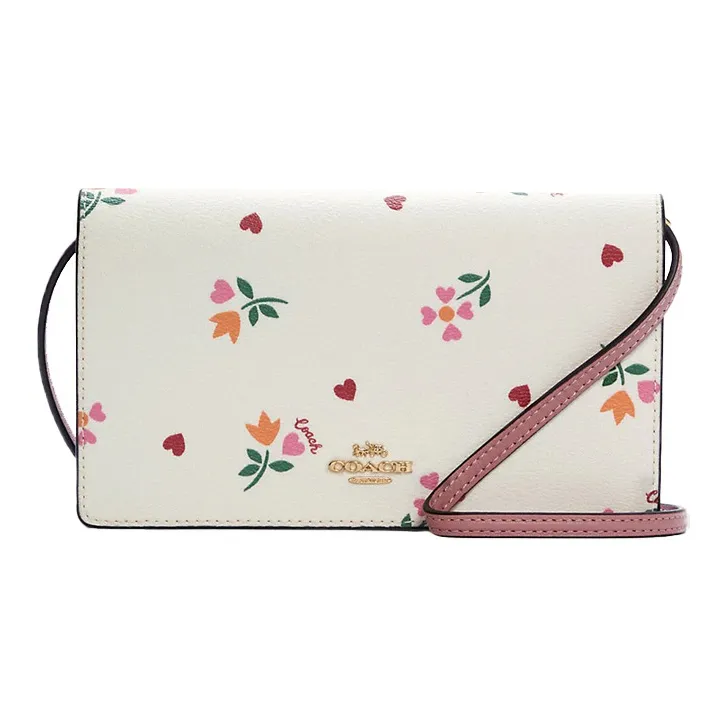 COACH Anna Coated Canvas With Leather Envelope Bag, Shoulder Bag, Crossbody Bag Trumpets Women's Pink White Multicolor