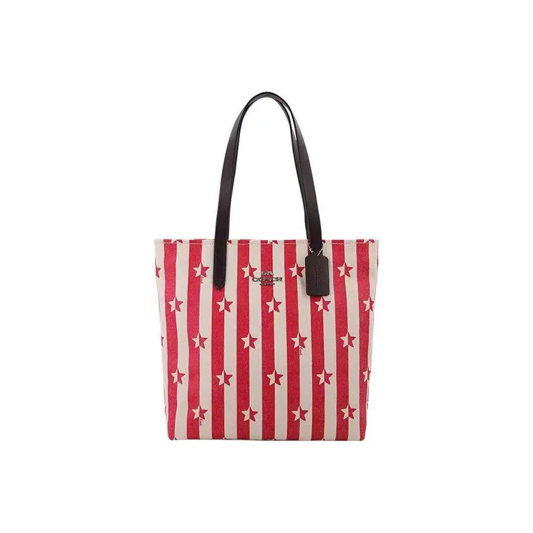COACH CanvasRecycled Tote Leather Tote Bag, Shopping Bag, Canvas Bag, Handbag, Shoulder Bag Women's Red White