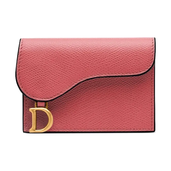 DIOR Saddle Grain Cow Leather Card Holder Women's Gray Pink