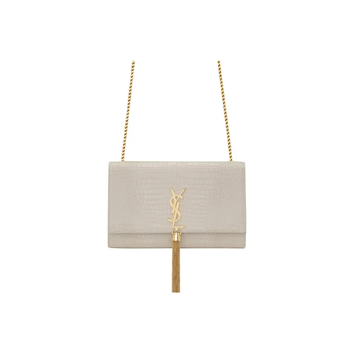 SAINT LAURENT KATE Crocodile Pattern Embossed Shiny Leather Fringe Shoulder Bag Crossbody Bag Medium Size Women's White