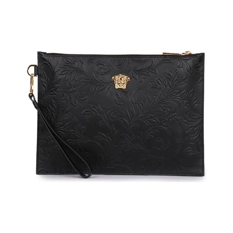 VERSACE Cow Leather Coin Purse Commute Clutch Large Size Men's Black