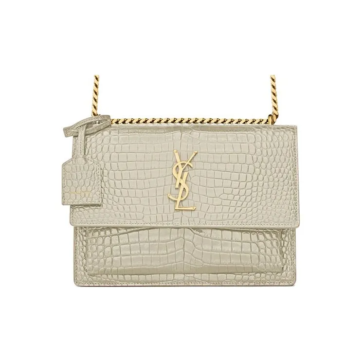 SAINT LAURENT SUNSET Crocodile Embossed Bright Leather Sunset Bag, Crossbody Bag, Shoulder Bag Women's Vintage White