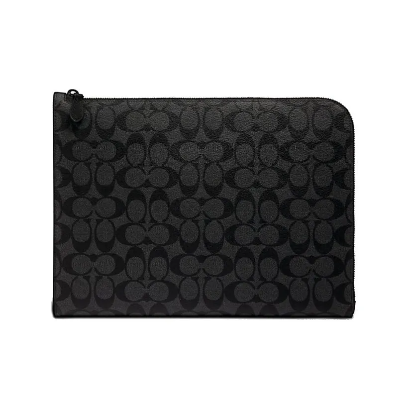 COACH L-Zip Canvas With Cow Leather Laptop Bag Briefcase Zipper File Folder Clutch Men's Charcoal Black Monogram
