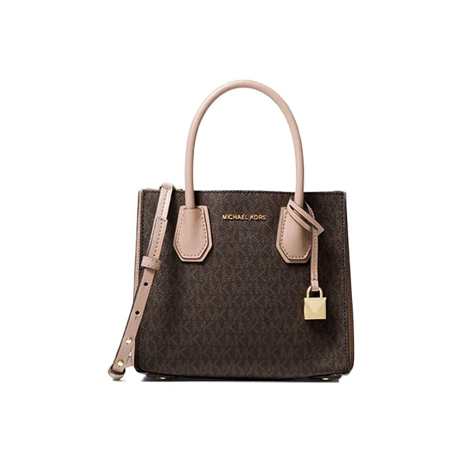 MICHAEL KORS Mercer Cow Leather Trunk Bag, Shoulder Bag, Handbag Medium Size Women's Brown/Soft Pink
