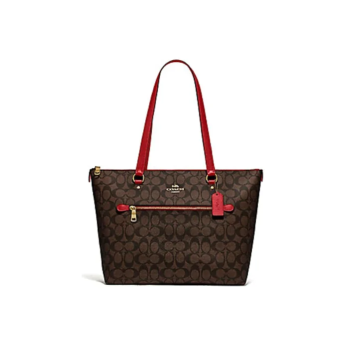 COACH Canvas With Leather Tote Bag Shopping Bag Handbag Shoulder Bag Women's Dark Brown & Red