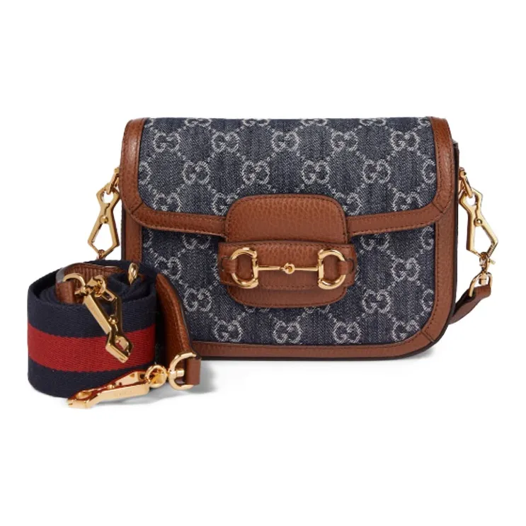 GUCCI Horsebit 1955 Leather Trim With Denim Saddle Bag, Crossbody Bag, Shoulder Bag Women's