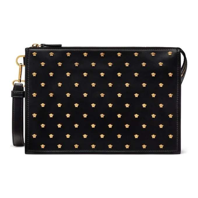 VERSACE Leather Clutch Handbag Men's Black