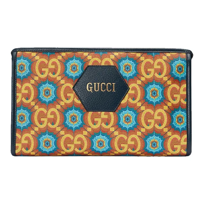 GUCCI Canvas With Leather Clutch Unisex Orange & Dark Blue