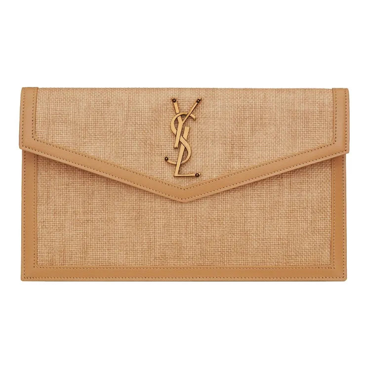 SAINT LAURENT UPTOWN Cow Leather Envelope Bag Clutches Small Size Women's Light Brown