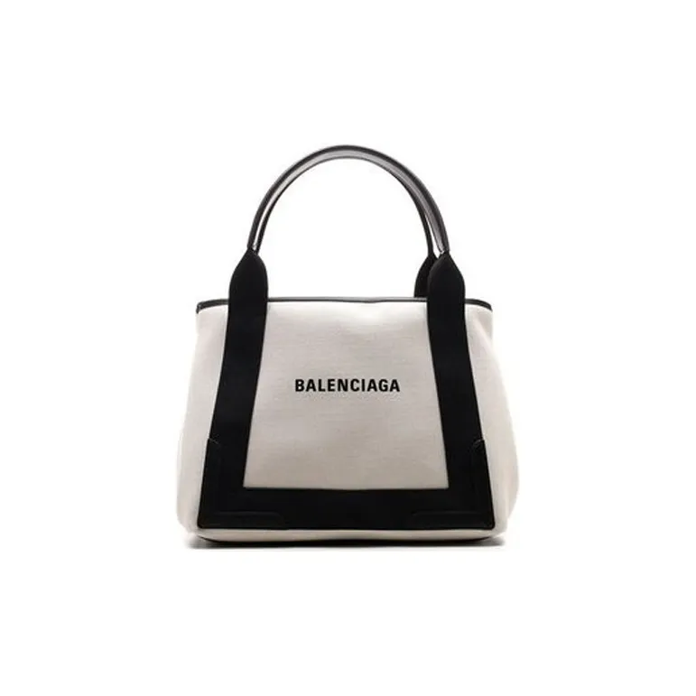 Balenciaga Cotton Canvas With Calfskin Tote Bag Shopping Bag Canvas Bag HandBags Black Small Size Women's White/Black