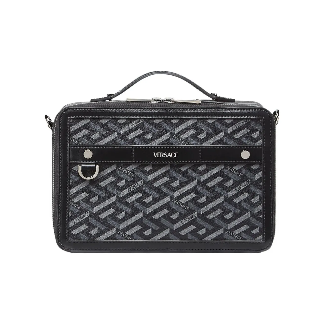 VERSACE Coated Canvas With Leather Messenger Bag Shoulder Bag Crossbody Bag Regular Unisex Black Gray Color