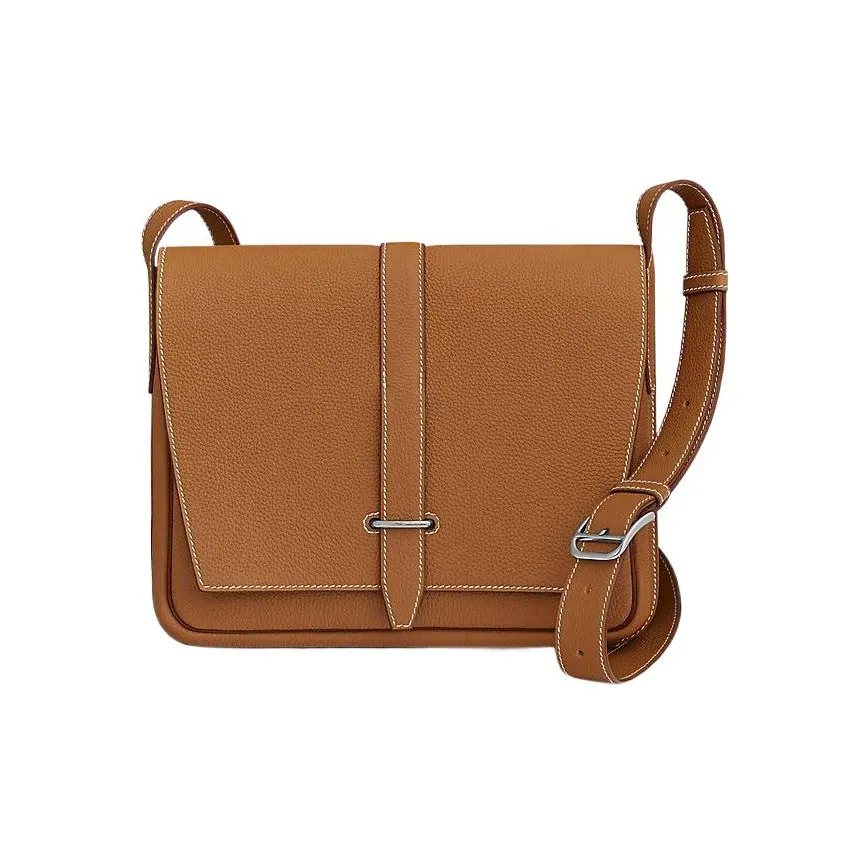 HERMES Steve Light Junior Togo Calfskin Messenger Bag, Crossbody Bag Regular Unisex Gold Brown