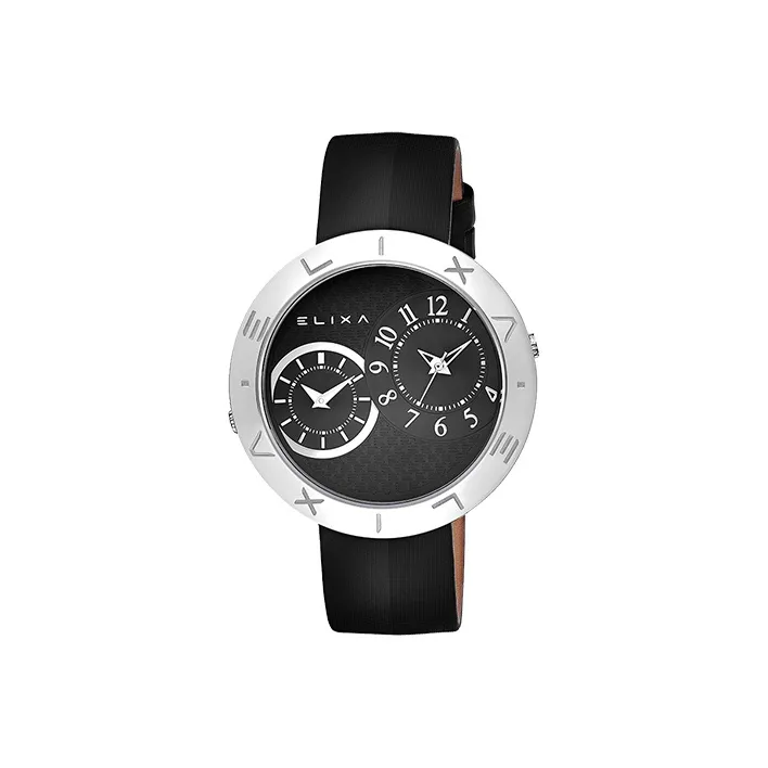 Elixa Кварцевый механизм Женские часы Черный циферблат Корпус из нержавеющей стали Ремешок из натуральной кожи